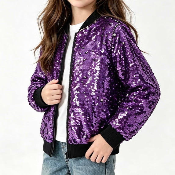 Xdegoge Toddler Girls Sequin Bomber Jacket Sparkly Zip Up Party Dance Outerwear Long Sleeve Casual Shiny Fall Winter Coat, Size 4-5T