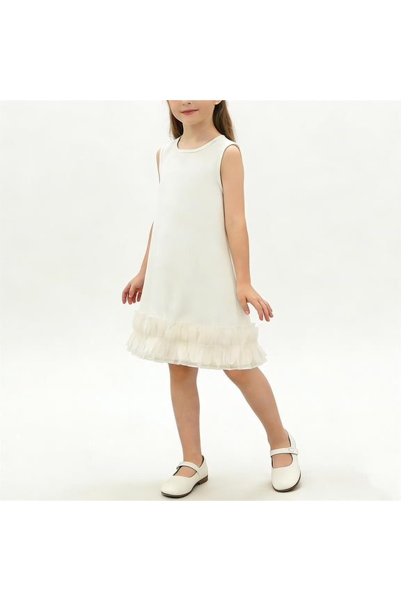 Toddler Girls Sleeveless Dress Crewneck Solid Color Knee Length Kids A Line Outfit with Ruffle Feather Trim Elegant Flattering Wear for Birthday Party