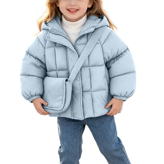 Xdegoge Toddler Girls Winter Puffer Jacket Hooded Quilted Coat with Crossbody Bag Thick Warm Zip Up Outerwear for Cold Weather Snow, Size 2T