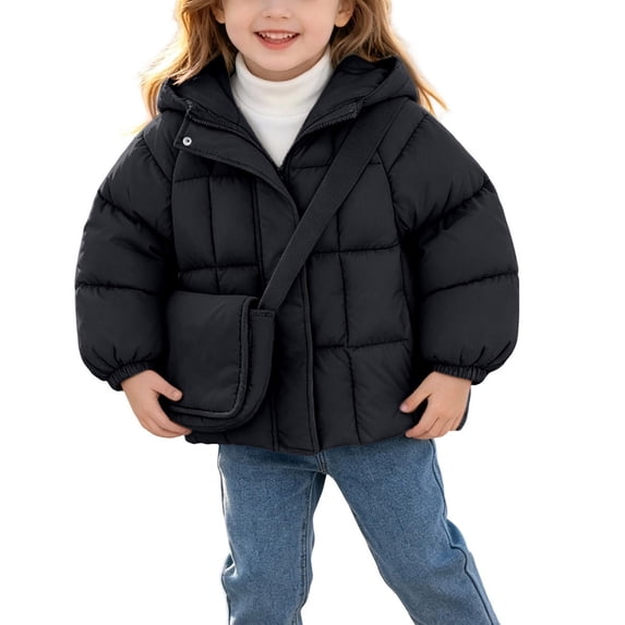 Xdegoge Toddler Girls Winter Puffer Jacket Hooded Quilted Coat with Crossbody Bag Thick Warm Zip Up Outerwear for Cold Weather Snow, Size 4T