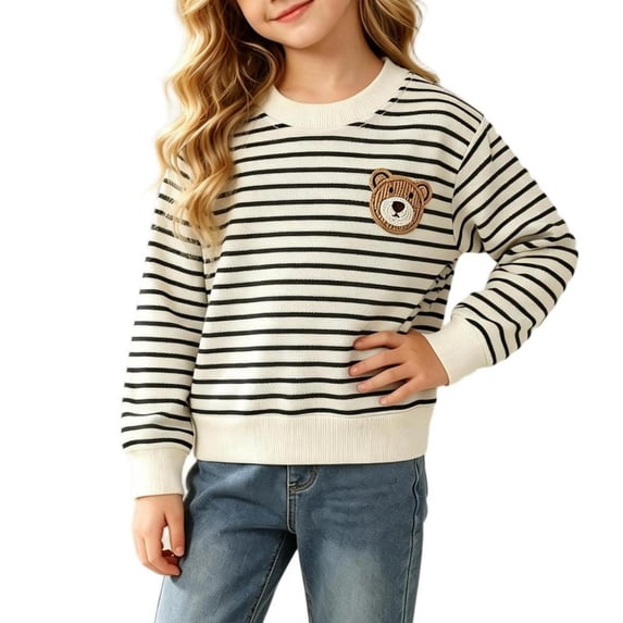 Xdegoge Toddler Little Boys Bear Applique Sweatshirts Long Sleeve Striped Pullover Jumper Casual Fall Tops Playwear Outfit for Toddlers, Size 2-3T