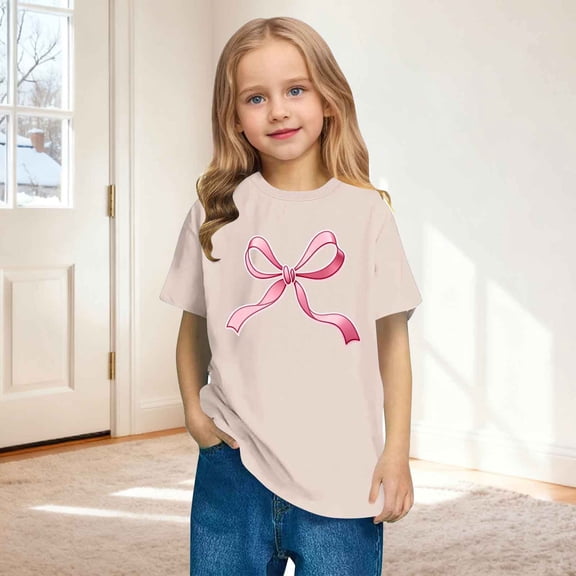 Xdegoge Top for Girls Short Sleeve Crew Neck Pullover Cute Bow Graphic Tops Stylish Aesthetic Casual Loose Funny Tees Size 3-14
