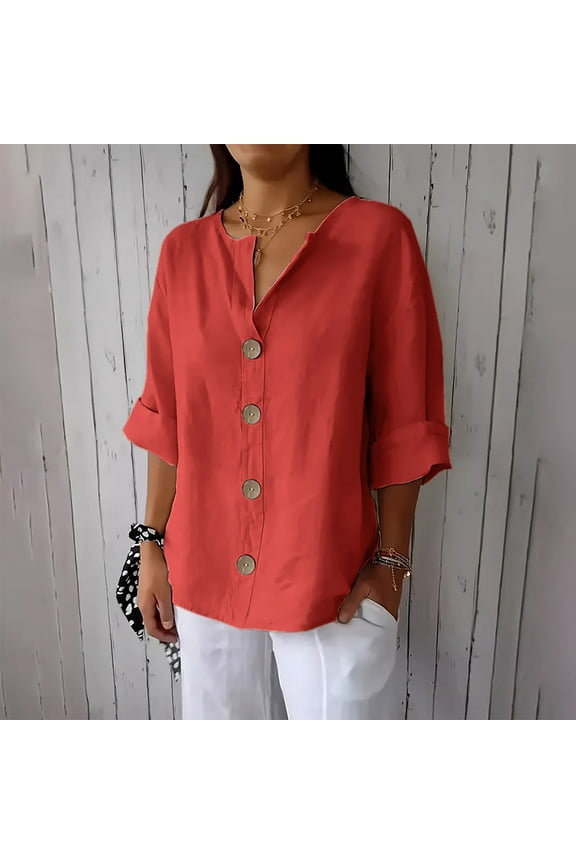 Clothes Under 5.00 Women Linen Shirts for Women 3/4 Sleeve Button Down V Neck T Shirts Oversized Summer Tunic Ladies Tops Elegant Dressy Casual Blouses Vacation Beach Tops Ropa Mujer