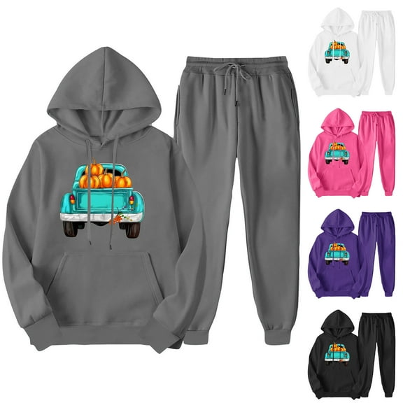 Xdegoge Tracksuit Sets for Women 2 Piece Lounge Outfits Oversized Long Sleeve Hooded Sweatshirt Car Pumpkin Printed Hoodie Drawstring Waist Elastic Cozy Sweatpants with Pockets Trendy Sweatsuit