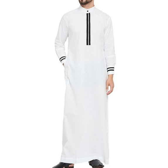 Xdegoge Traditional Arabic Thobe Mens Long Sleeve Islamic Kaftan Robe Soft Breathable Cotton Regular Fit Middle Eastern Ethnic Worship Dress Top