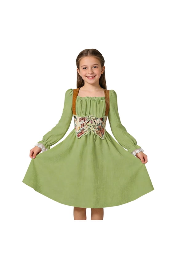 Traditional Dirndl Style Dress for Girls, Long Sleeve Embroidered Bodice with Lace-Up Waist, Cultural Festival Dress