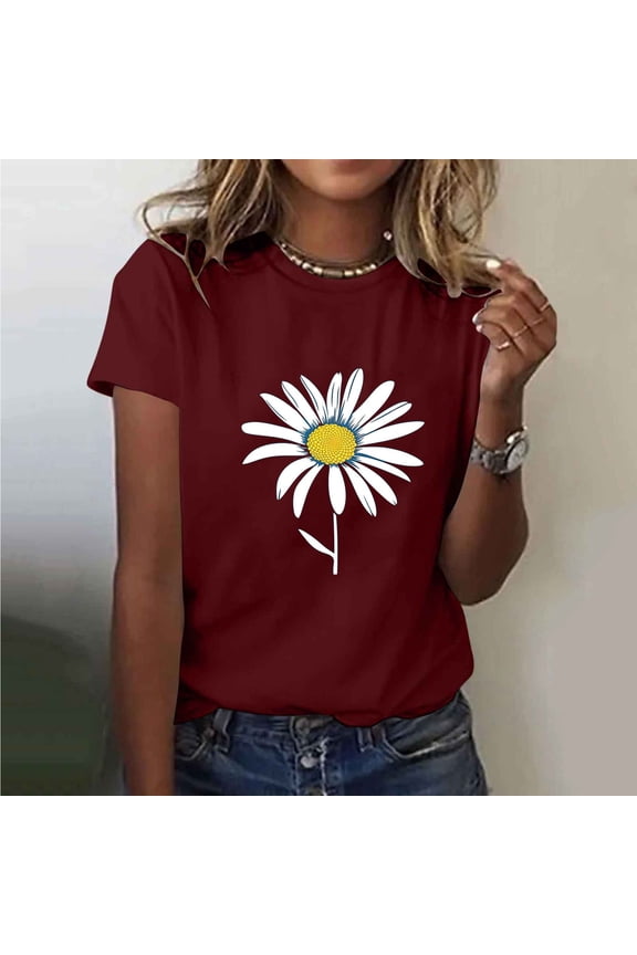 Tshirts Shirts for Women Large Daisy Graphic T Shirt Summer Floral Botanical Printed Tops Casual Short Sleeve Crewneck Lightweight Shirts Vintage Nature Pattern Basic Everyday Tees