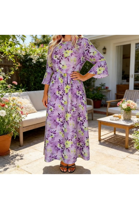 Tunic Dress for Women Crewneck 3/4 Bell Sleeve Casual Loose Fit Floral Print Maxi Long Top Lightweight Flowy Spring Summer Daily Wear Boho Style Blouse