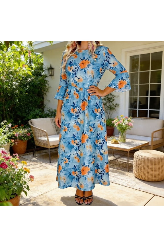 Tunic Dress for Women Crewneck 3/4 Bell Sleeve Casual Loose Fit Floral Print Maxi Long Top Lightweight Flowy Spring Summer Daily Wear Boho Style Blouse