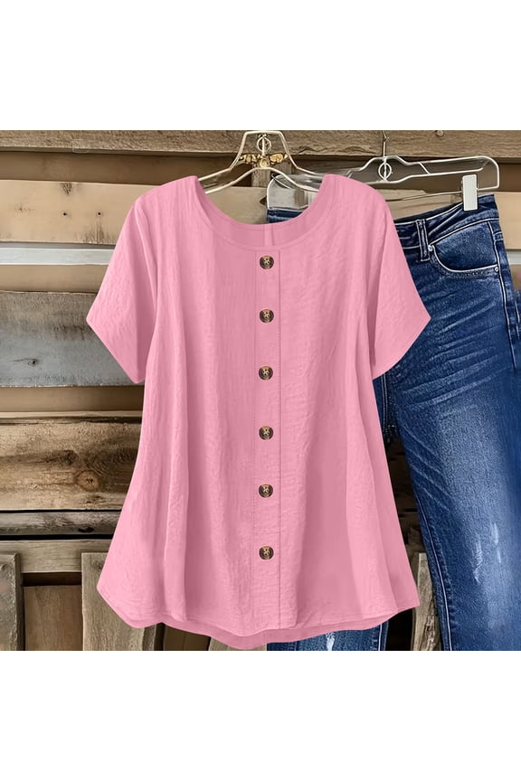 Tunic Tops for Women for Leggings Cotton Linen Crewneck Short Sleeve Blouses Button Down Relaxed Fit Pleated Flowy Shirts Summer Casual Daily Pullover Tops