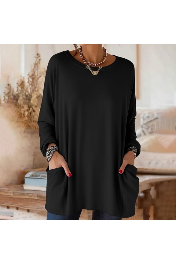 Tunic Tops for Women Round Neck Long Sleeve Casual Everyday Loungewear Oversized Loose Fit Solid Minimalist with Pockets Soft Stretchy Spring Tops