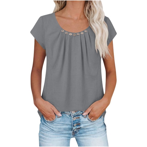 Xdegoge Tunic Tops for Women Short Sleeve Cotton Linen Blouses Casual Scoop Neck Pleated Front Shirts with Button Decor Loose Fit Flowy Summer Spring Everyday Work Wear