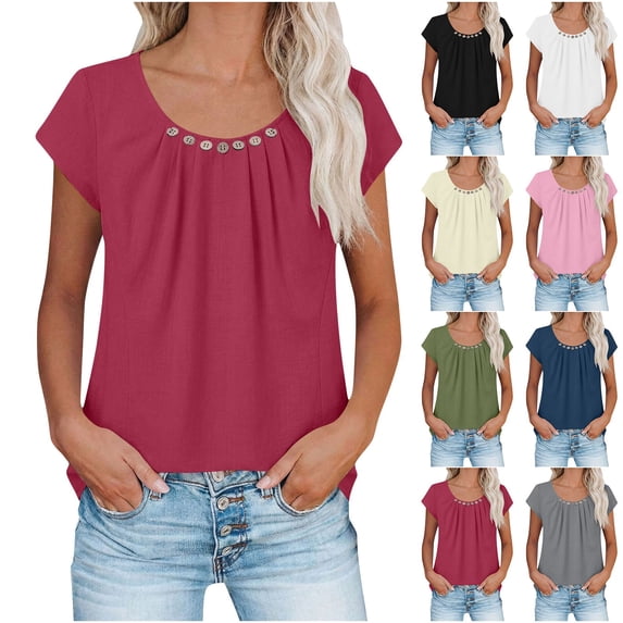 Xdegoge Tunic Tops for Women Short Sleeve Cotton Linen Blouses Casual Scoop Neck Pleated Front Shirts with Button Decor Loose Fit Flowy Summer Spring Everyday Work Wear