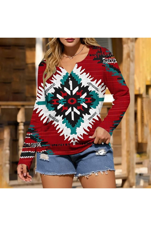 Tunic for Women V Neck Long Sleeve Western Aztec Graphic Print Henley Shirt Casual Loose Fit Retro Tribal Pattern Lightweight Soft Breathable Spring Fall Fashion Tops