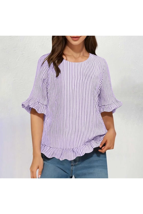 Tunic for Women Crewneck Ruffle Short Sleeve Casual Loose Striped Peplum Hem Flowy Lightweight Flare Spring Summer Blouse Top