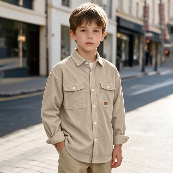 Xdegoge Tween Boys Corduroy Button Down Shirts Long Sleeve Casual Shacket Jackets with Chest Pockets Fall Winter Outerwear Tops, Size 10