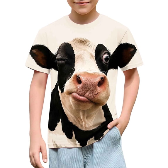 Xdegoge Tween Boys Girls Funny 3D Winking Cow Shirts Kids Novelty Animal Graphic Tees Short Sleeve Crewneck Casual Summer Tops, Size 9-10