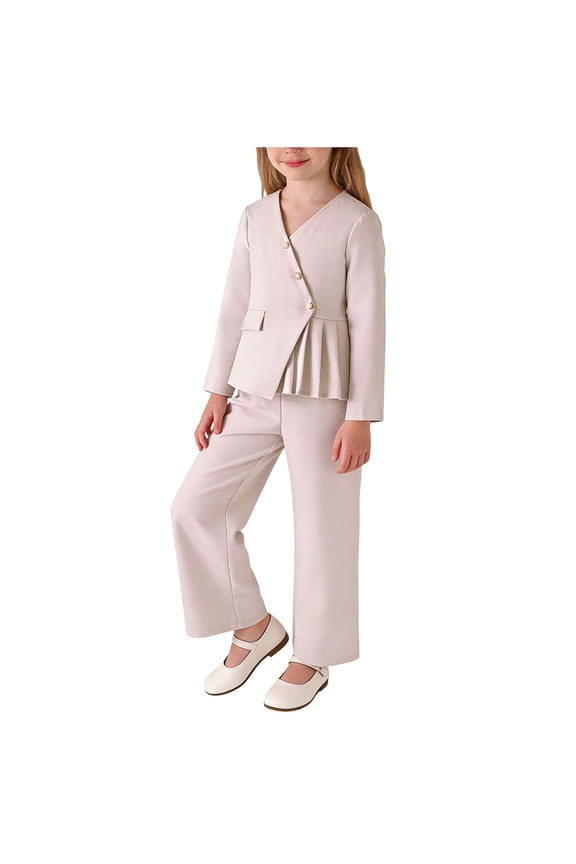 Tween Girls 2 Piece Formal Suit V-Neck Long Sleeve Pleated Hem Blazer Jacket and Flare Leg Dress Slacks Office Style Outfits, 5T-14Y