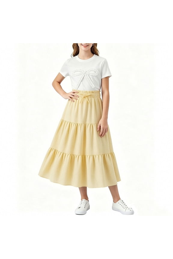 Tween Girls 2 Piece Outfits Casual Short Sleeve Crewneck Bowknot T Shirt and Elastic High Waist Flowy Midi Skirt Summer Clothes Vacation Playwear Boutique Sets