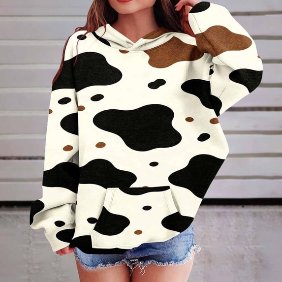 Xdegoge Tween Girls Cute Cow Print Pullover Hoodie Black Brown Spot Graphic Sweatshirt Casual Long Sleeve Fall Tops for Kids, Size 11-12