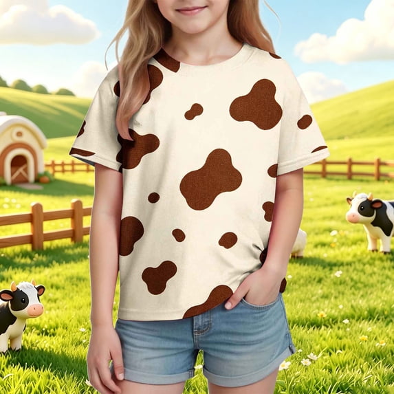 Xdegoge Tween Girls Cute Cow Print Shirts Short Sleeve Crew Neck T-Shirt Novelty Animal Graphic Tees Casual Summer Tops for Kids, Size 11-12