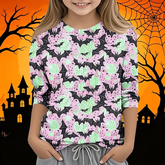 Xdegoge Tween Girls Halloween Ghost Pumpkin Print Shirts Long Sleeve Graphic Tops Crewneck Casual Fall Tees Lightweight Holiday Party Blouses