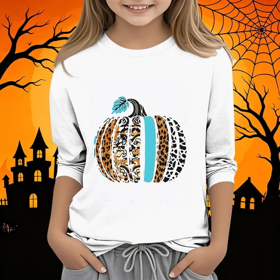 Xdegoge Tween Girls Halloween Shirts Long Sleeve Graphic Tees Cute Ghost Print Tops Crewneck Casual Fall Holiday Party Festival Comfy Wear