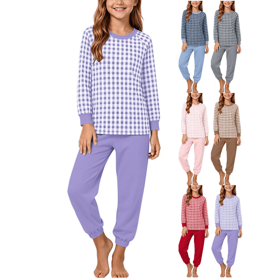 Xdegoge Tween Girls Outfits 2 Piece Lounge Soft Long Sleeve Plaid Checkered Top and Jogger Pants Matching Set Comfy Daily Sets