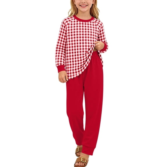 Xdegoge Tween Girls Pajamas Sets 2 Piece Lounge Soft Long Sleeve Plaid Checkered Top and Jogger Pants Matching Set Comfy Daily Sleepwear Pjs