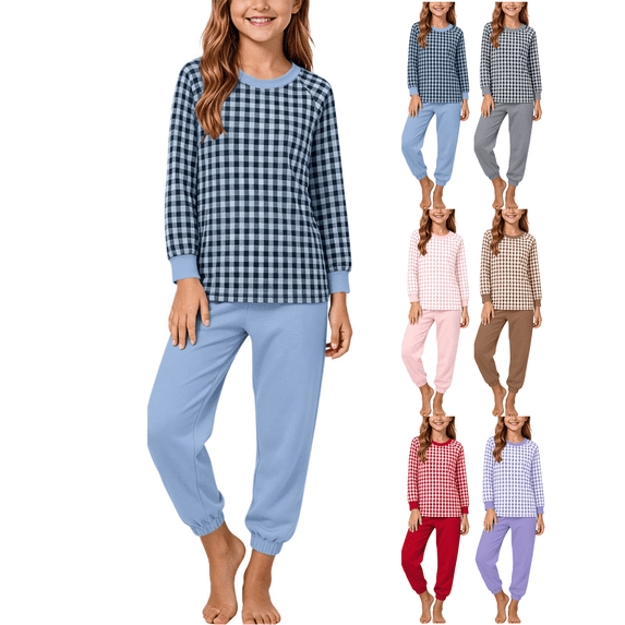 Xdegoge Tween Girls Outfits 2 Piece Lounge Soft Long Sleeve Plaid Checkered Top and Jogger Pants Matching Set Comfy Daily Sets