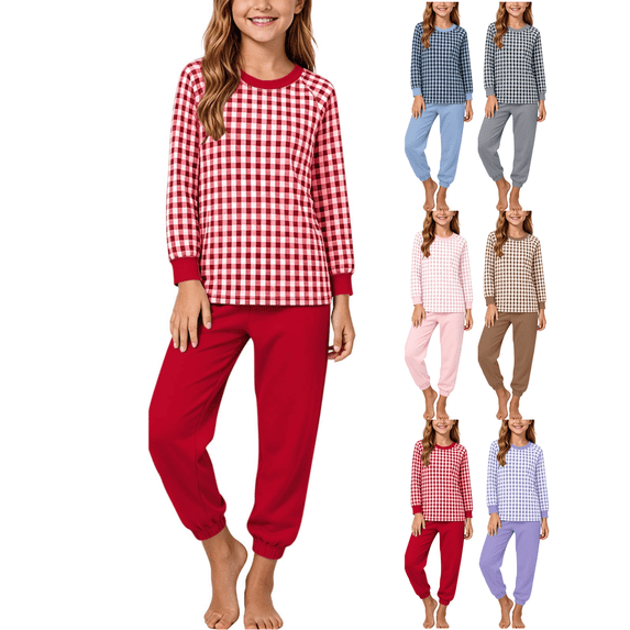 Xdegoge Tween Girls Pajamas Sets 2 Piece Lounge Soft Long Sleeve Plaid Checkered Top and Jogger Pants Matching Set Comfy Daily Sleepwear Pjs