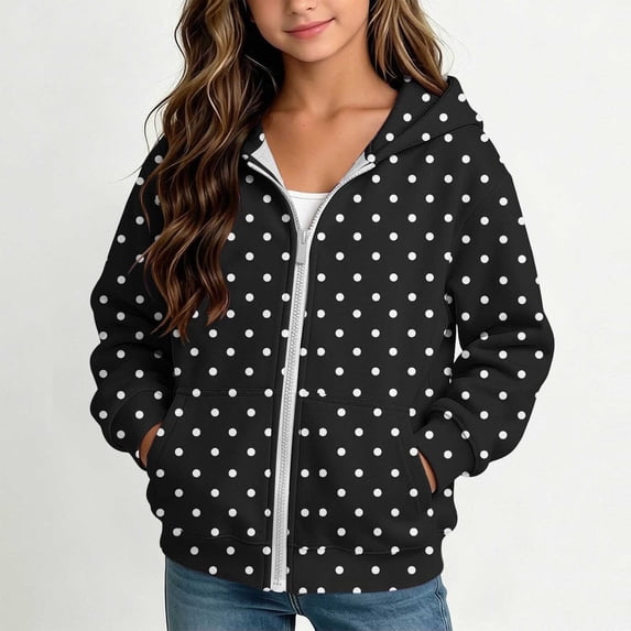 Xdegoge Tween Girls Polka Dot Zip Up Hoodie Long Sleeve Black Jacket with Pockets Casual Fall Winter Outerwear Sweatshirts, Size 9-10