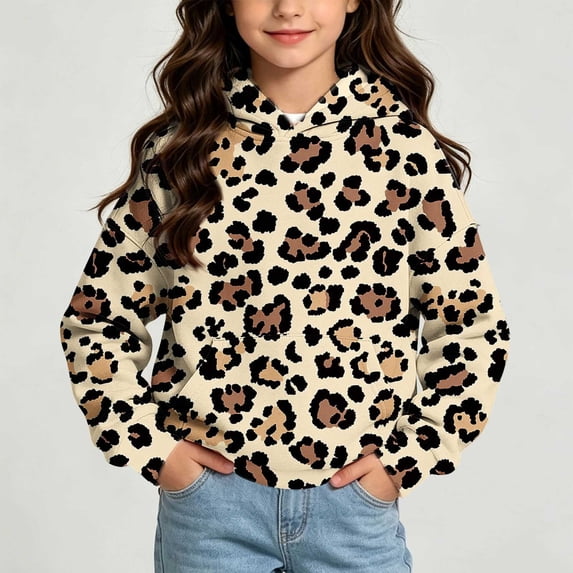 Xdegoge Tween Girls Pullover Hoodies Leopard Print Hooded Sweatshirts Long Sleeve Tops with Kangaroo Pocket Fashion Fall Winter Clothes, Size 11-12