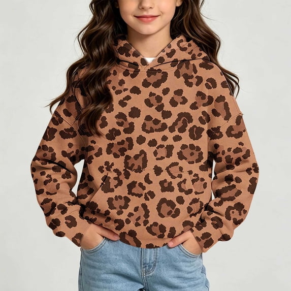 Xdegoge Tween Girls Pullover Hoodies Leopard Print Hooded Sweatshirts Long Sleeve Tops with Kangaroo Pocket Fashion Fall Winter Clothes, Size 11-12