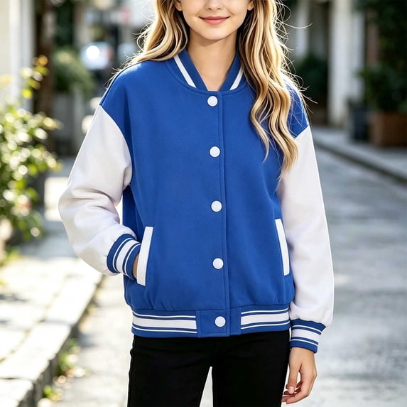 Xdegoge Tween Girls Varsity Baseball Jacket Casual Button Down Bomber Coat Vintage Long Sleeve Outerwear with Pockets for School, Size 9-10