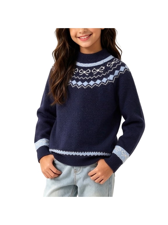 Tween Girls Vintage Fair Isle Sweaters Mock Neck Long Sleeve Jacquard Knit Pullover Tops Warm Winter Holiday Casual Wear, Size 9-10