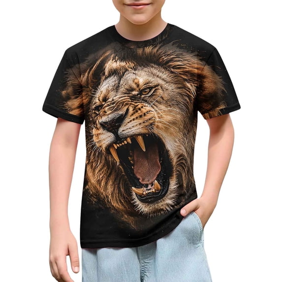 Xdegoge Tween Kids Cool 3D Lion Animal Shirts for Boys Girls Short Sleeve Novelty Graphic Tees Summer Casual Crewneck Everyday Tops, Size 11-12