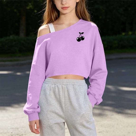 Xdegoge Tween Teen Girls One Shoulder Cropped Sweatshirt Long Sleeve Cute Cherry Graphic Pullover Y2k Fall Trendy Casual Tops, Size 9-10