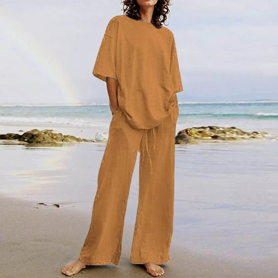 Xdegoge Two Piece Outfits Women 2 Piece Lounge Sets Short Sleeve Shirts Drawstring Wide Leg Pants Sets Matching Summer Casual Clothes Sweats Vacation Outfits Tracking My Recent Order