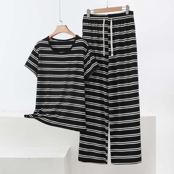 Xdegoge Two Piece Outfits for Women Crewneck Short Sleeve T Shirt and Wide Leg Pants Set Casual Lounge Sleepwear Striped Pattern Soft Stretchy Summer Pajamas