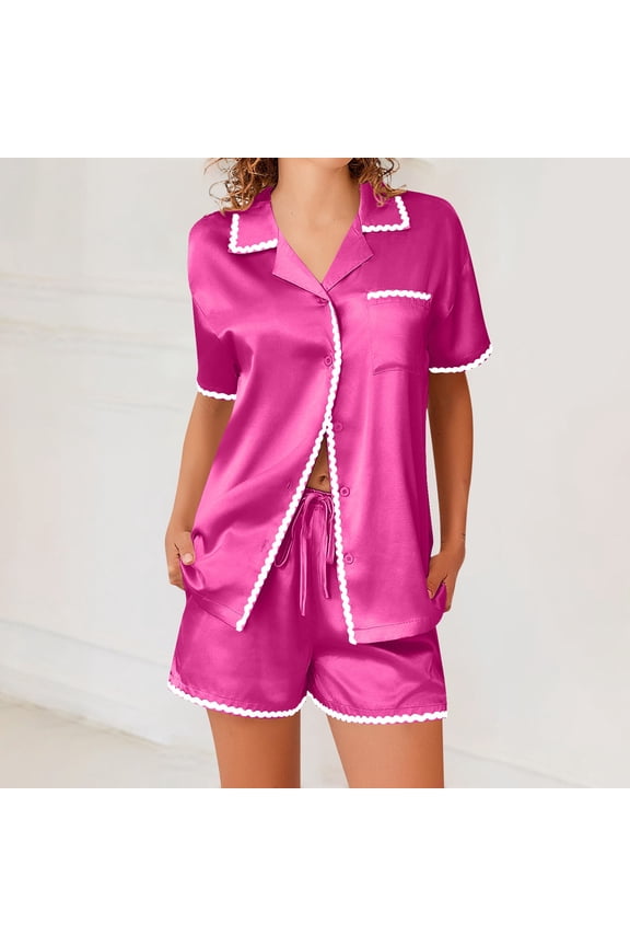 Two Piece Outfits Women Pajama Sets Stain Silk Pjs Shorts Sets Summer Cute Graphic Button Down Shirts Soft Comfy Casual Matching Sets Loungewear Sleep Nightwear