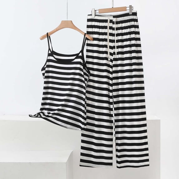 Xdegoge Two Piece Outfits for Women Spaghetti Strap Sleeveless Cami Top and Wide Leg Pants Set Casual Lounge Sleepwear Striped Pattern Soft Summer Pajamas
