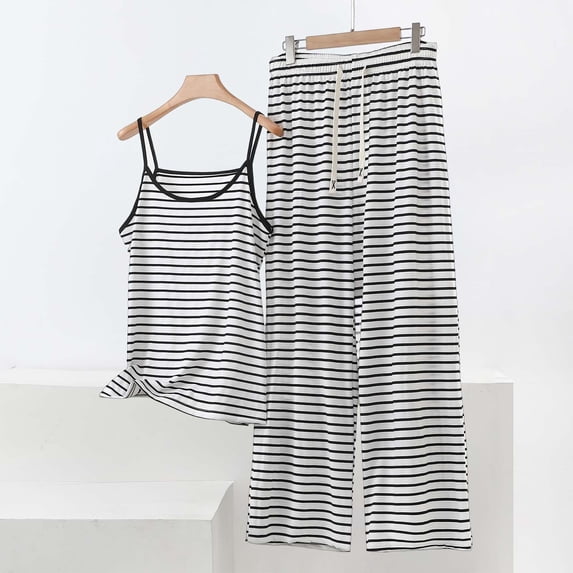 Xdegoge Two Piece Outfits for Women Spaghetti Strap Sleeveless Cami Top and Wide Leg Pants Set Casual Lounge Sleepwear Striped Pattern Soft Summer Pajamas