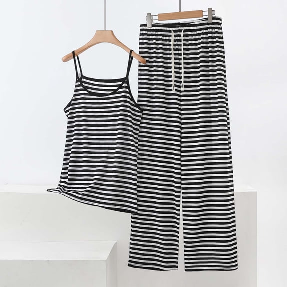 Xdegoge Two Piece Outfits for Women Spaghetti Strap Sleeveless Cami Top and Wide Leg Pants Set Casual Lounge Sleepwear Striped Pattern Soft Summer Pajamas