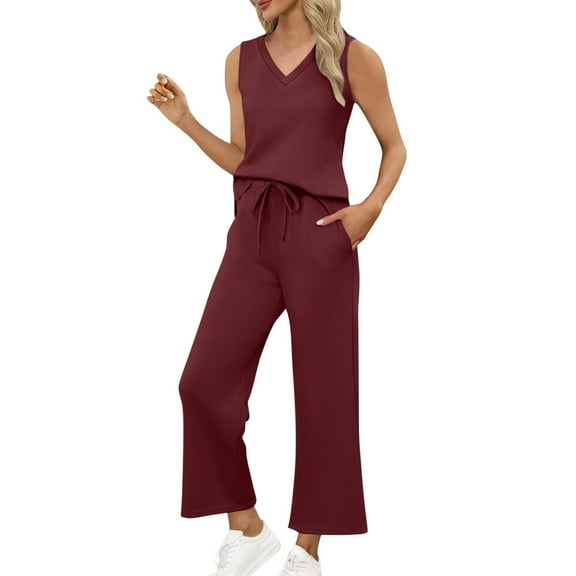 Xdegoge Two Piece Sets for Women Summer Vacation Travel Outfits Business Casual Outfits Matching Sets Women Clothing V Neck Tank Tops with Wide Leg Pants Outfits Set Trajes De Verano Para Mujer 2025