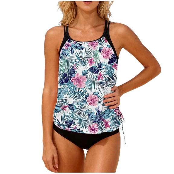 Xdegoge Two Piece Swimsuit for Women, Tankini Top with Tropical Print, Side Drawstring, Matching Briefs, Lightweight Fabric for Pool & Vacation Swim Suit with Padding