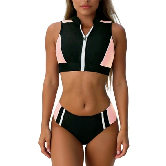 Xdegoge Two Piece Swimsuit for Women, High Waisted Bikini Set with Zipper Front and Color Block, Adjustable Straps, Beach Vacation Swimwear