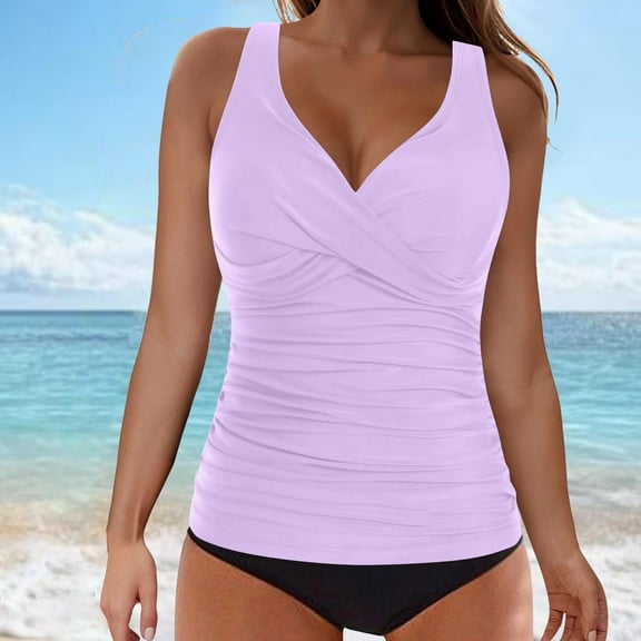 Xdegoge Two Piece Swimsuit for Women V Neck Ruched Bathing Suits Tummy Control Vacation Beachwear Modest Tankini Padded Bathing Suit
