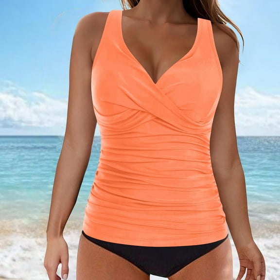 Xdegoge Two Piece Swimsuit for Women V Neck Ruched Bathing Suits Tummy Control Vacation Beachwear Modest Tankini Padded Bathing Suit