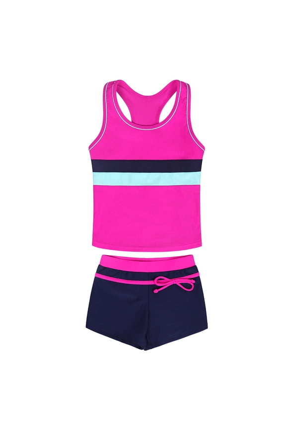 Two Piece Tankini Set for Teen Girls Stripe & Color-Block Tankini Top with Swim Shorts, Drawstring Waist for Tweens Casual Beach Vacation and Swimming (6-17Y)